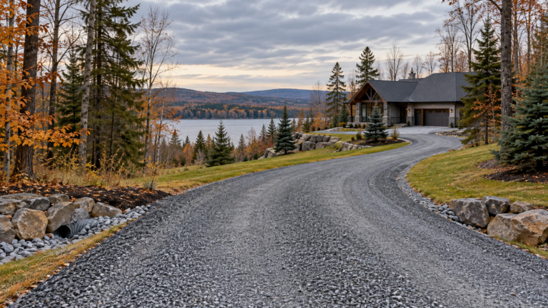 Gravel driveway at a rural Ontario property prepared for winter
